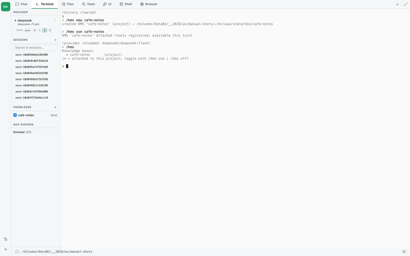 A knowledge base attached to the project — the sidebar's Knowledge section lists it with a checkbox, (proj) marking its scope